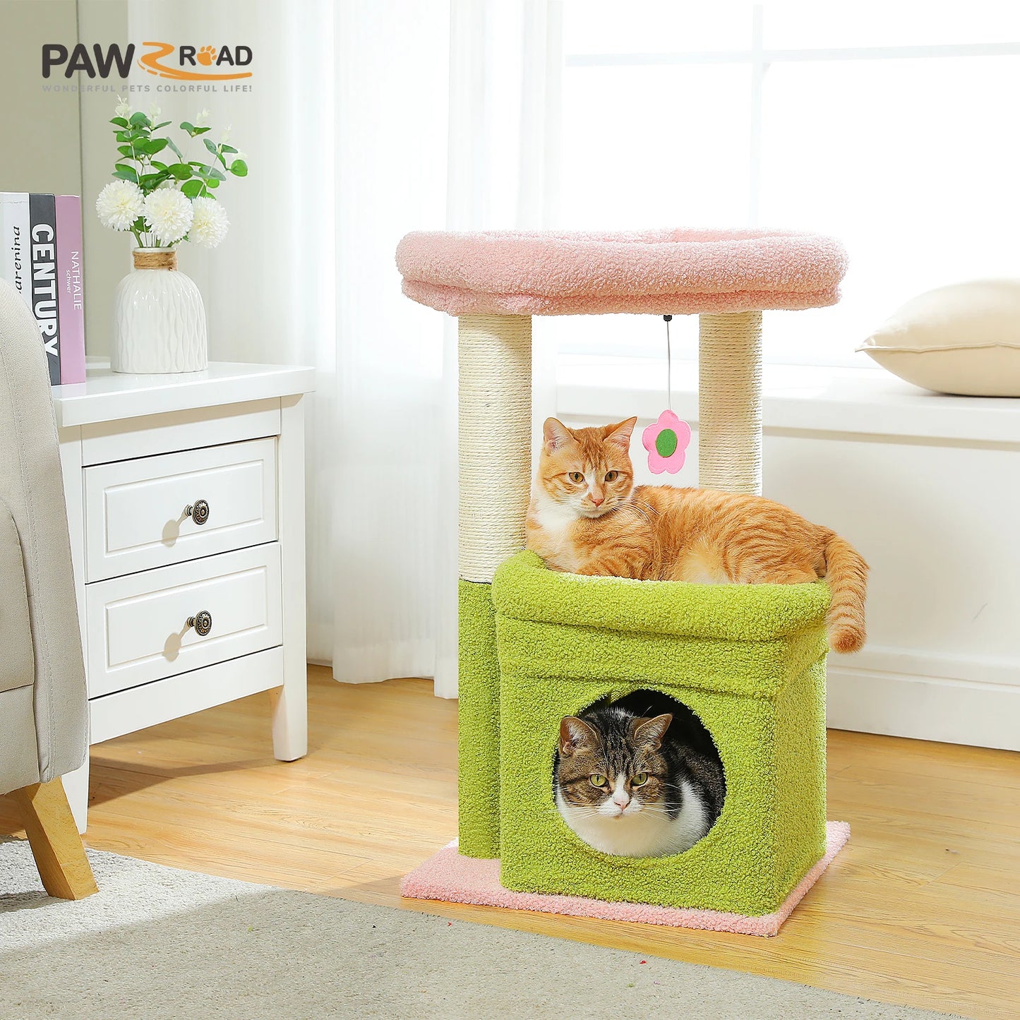 Cat Tree Cat Tower with Cozy Condo Wide Top Perch Natural Sisal Posts Soft Plush Playful Pom Pom Suitable for 1 to 2 Indoor Cats