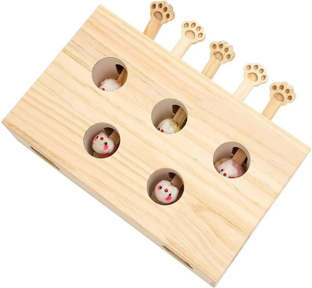 Mewoofun Interactive Whack-a-Mole Cat Toy Solid Wood Indoor Mouse Catching Game