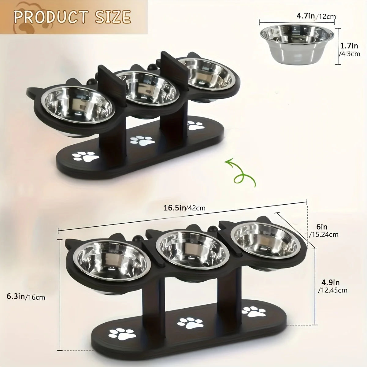 Cat 3 Bowls in 1 Feeder Tilted Raised Food and Water Bowl with Stainless Steel Bowls and Wood Brackets
