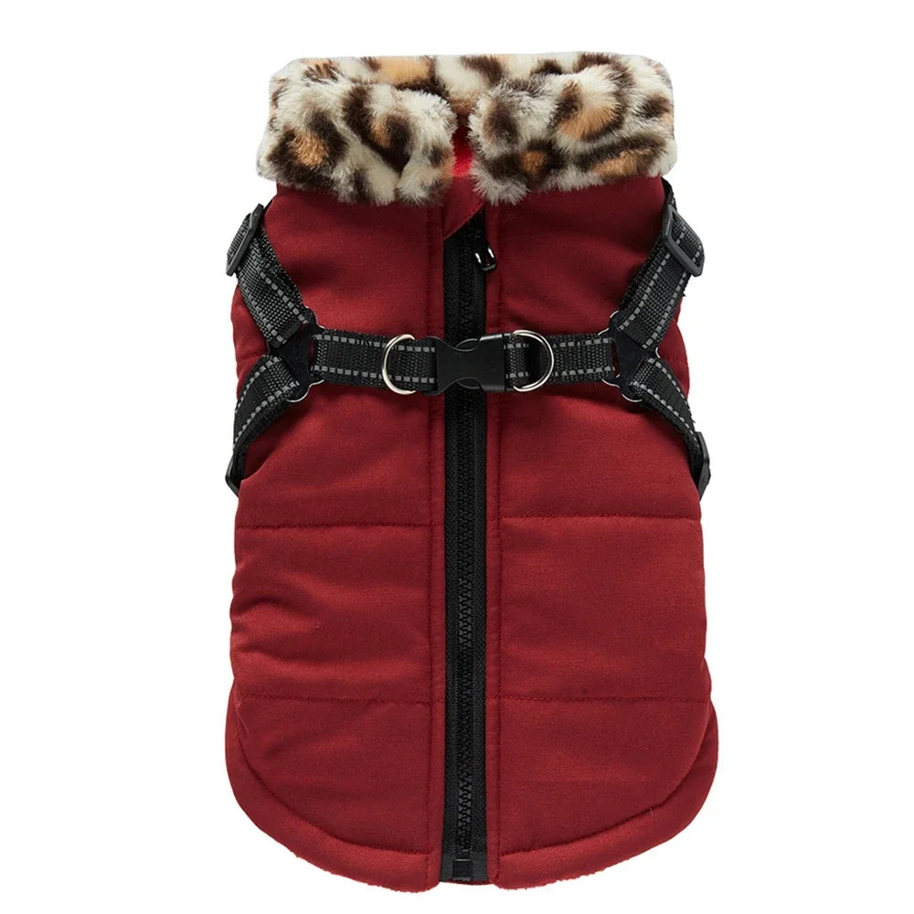 NONECN Winter Warm Dog Coat With Harness Fur Collar Outfit