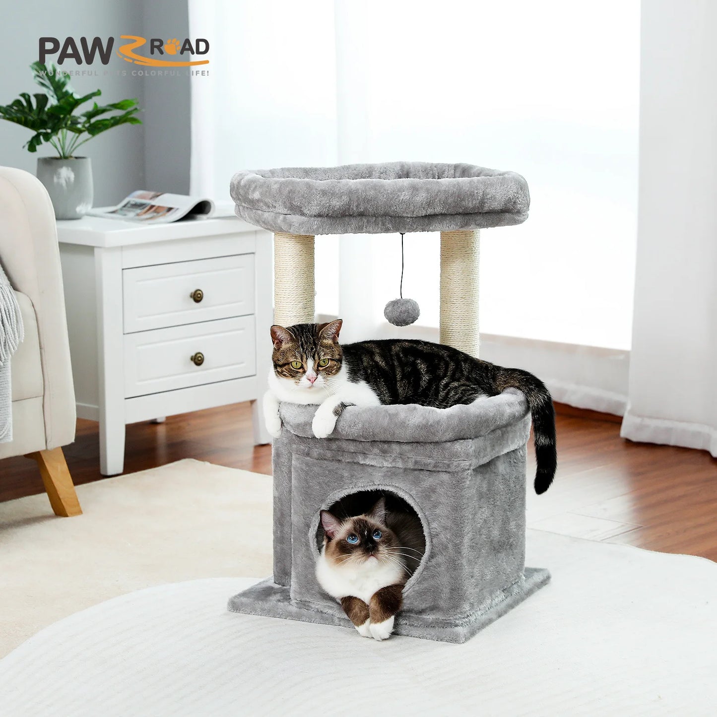 Cat Tree Cat Tower with Cozy Condo Wide Top Perch Natural Sisal Posts Soft Plush Playful Pom Pom Suitable for 1 to 2 Indoor Cats