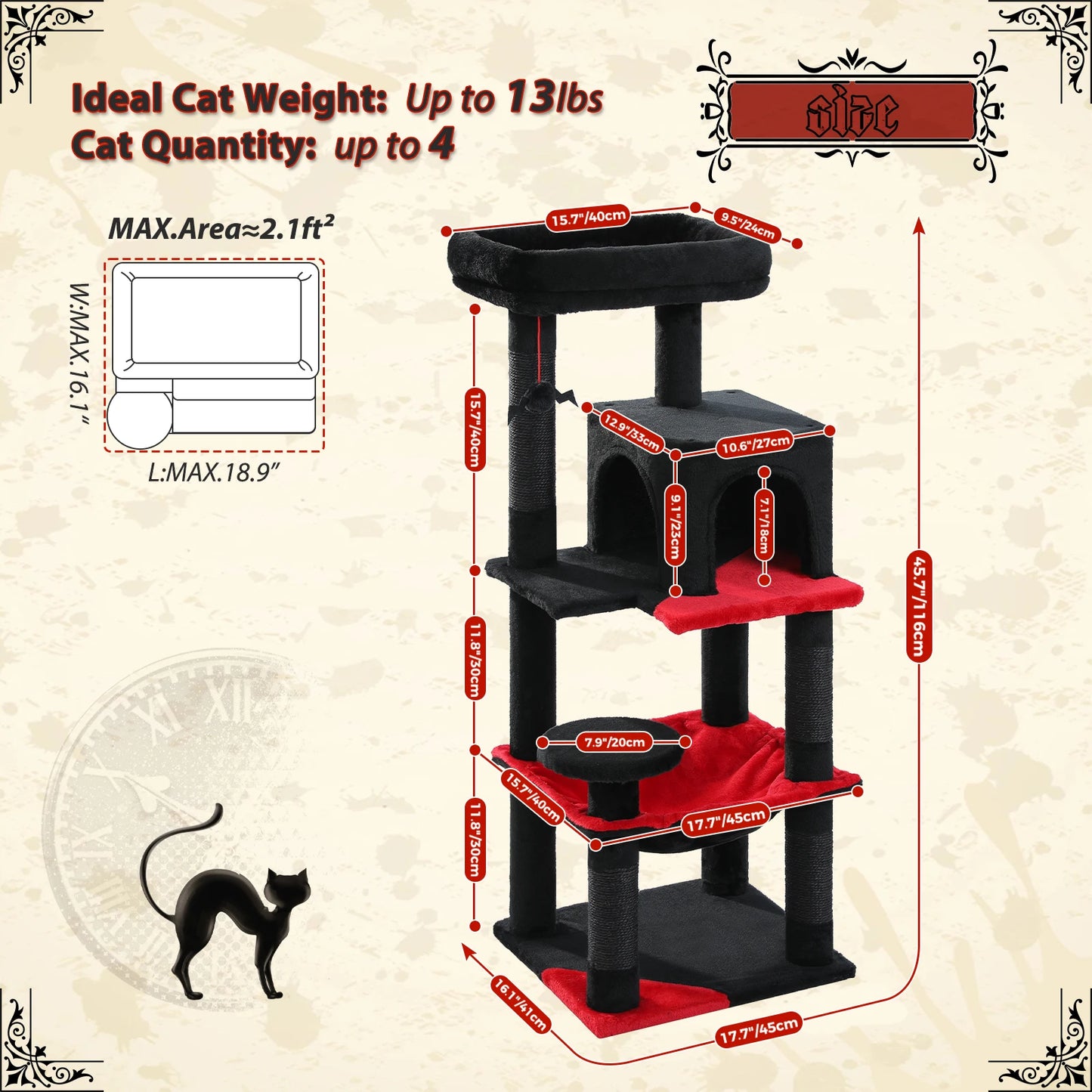 Gothic Cat Tree for Indoor Cats Tall Cat Tower with Large Hammock Sisal Covered Scratching Post Cozy Condo and Top Perch