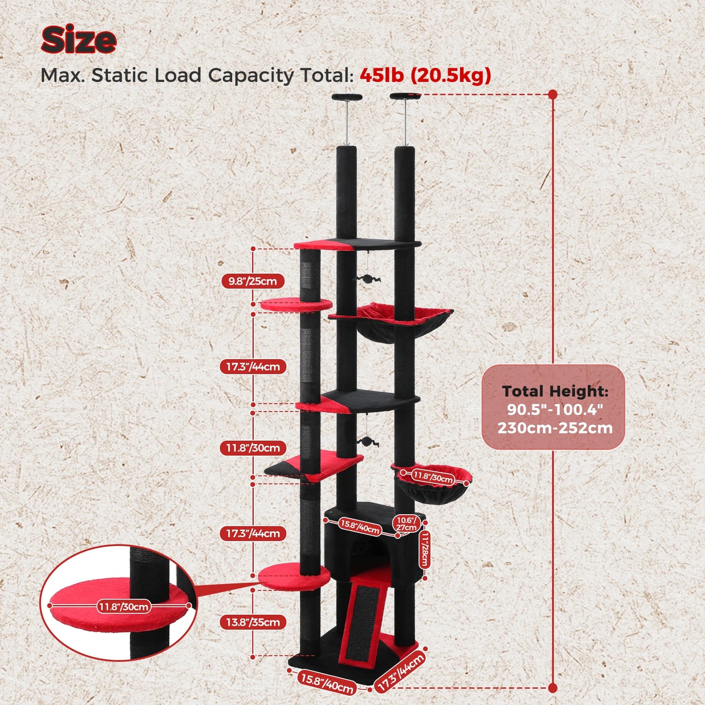 Floor to Ceiling Cat Tree with Sisal Scratching Posts Cozy Condo Hammock Adjustable Height Tall Cat Tower for Indoor Cats