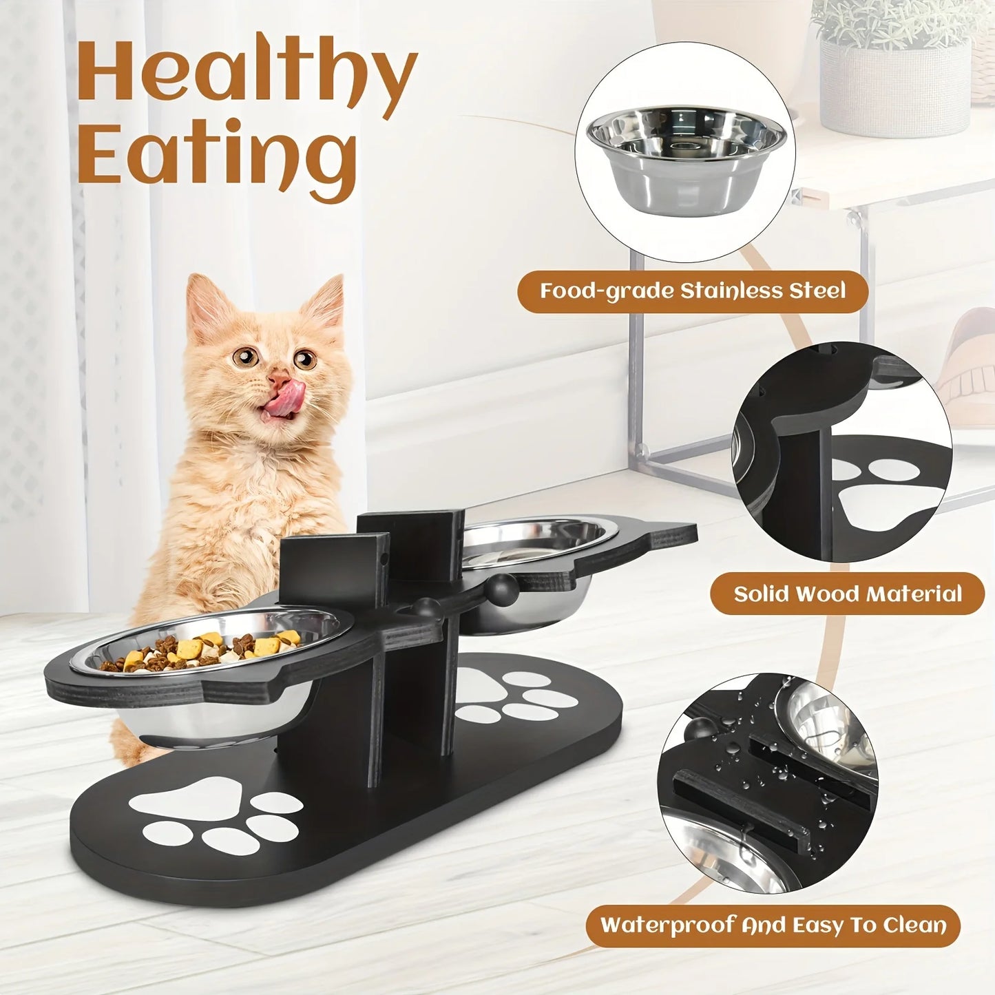 Cat 3 Bowls in 1 Feeder Tilted Raised Food and Water Bowl with Stainless Steel Bowls and Wood Brackets