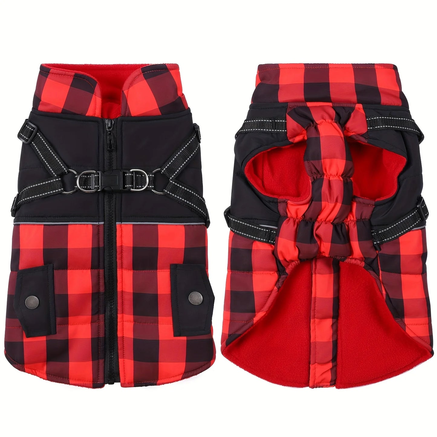 Plaid Thickened Padded Dog Coat With Harness Winter Windproof Jacket