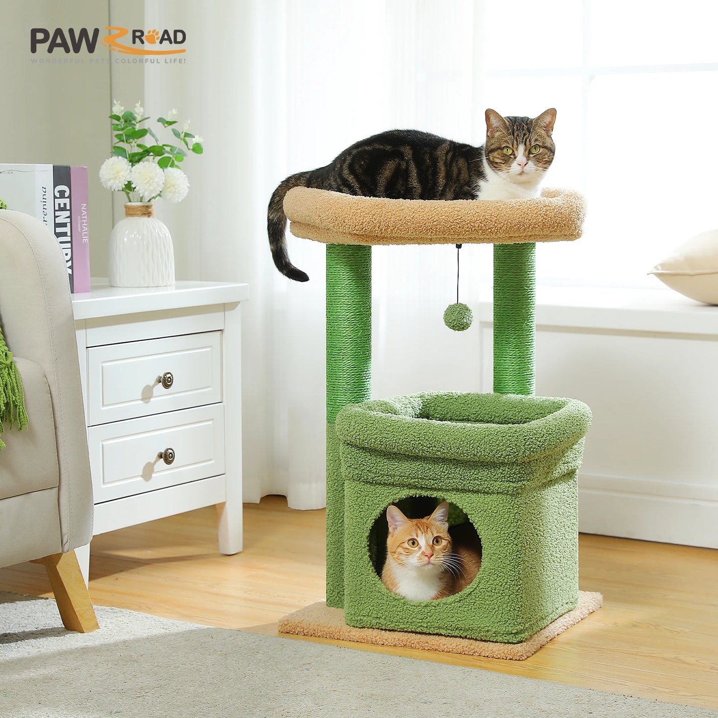Cat Tree Cat Tower with Cozy Condo Wide Top Perch Natural Sisal Posts Soft Plush Playful Pom Pom Suitable for 1 to 2 Indoor Cats