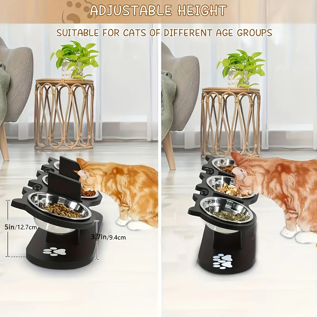 Cat 3 Bowls in 1 Feeder Tilted Raised Food and Water Bowl with Stainless Steel Bowls and Wood Brackets