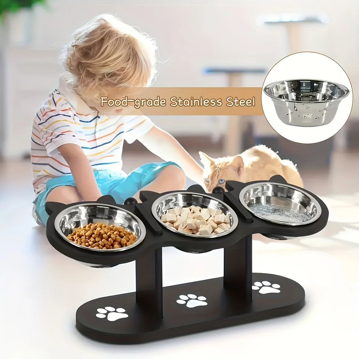 Cat 3 Bowls in 1 Feeder Tilted Raised Food and Water Bowl with Stainless Steel Bowls and Wood Brackets