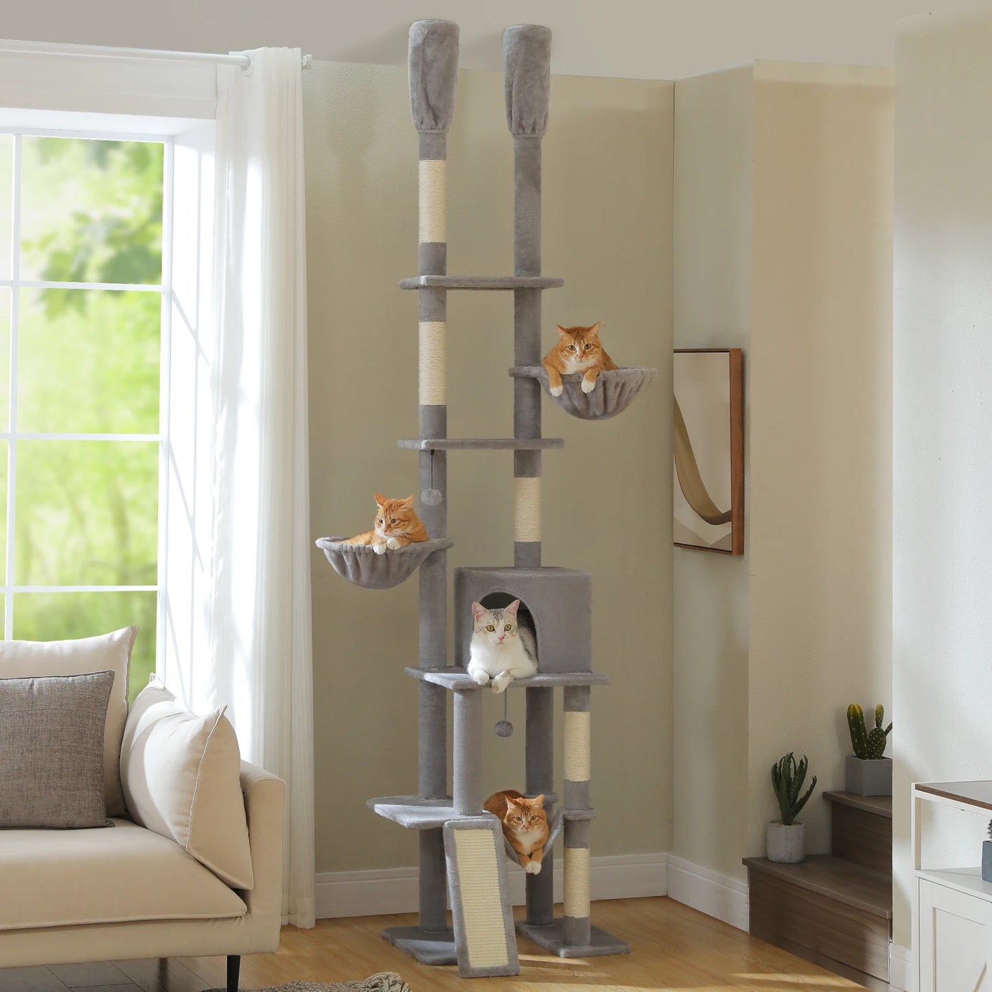 Floor to Ceiling Cat Tree with Sisal Scratching Posts Cozy Condo Hammock Adjustable Height Tall Cat Tower for Indoor Cats
