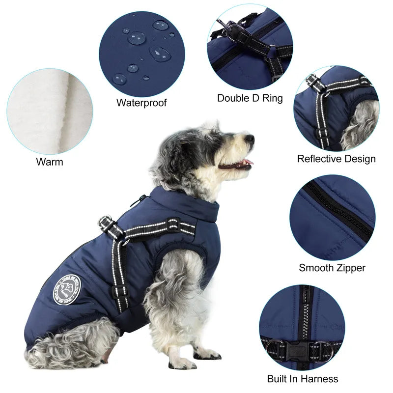 Winter Warm Dog Jacket Waterproof Coat With Harness Fleece Vest For All Sizes