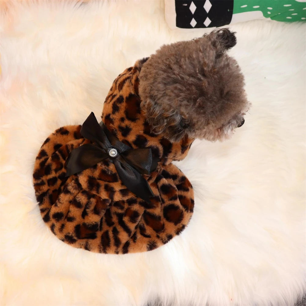 Autumn Winter Leopard Print Plush Dog Coat For Small Dogs With Bowknot