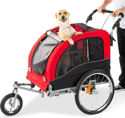 2 in 1 Dog Bike Trailer Pet Stroller Carrier with Hitch Suspension Visibility Flag and Reflectors 66 Pound Weight Capacity