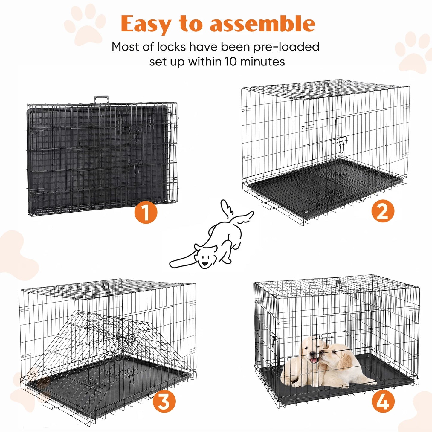 JHK Double Door Folding Metal Dog Cage With Leak Proof Pan