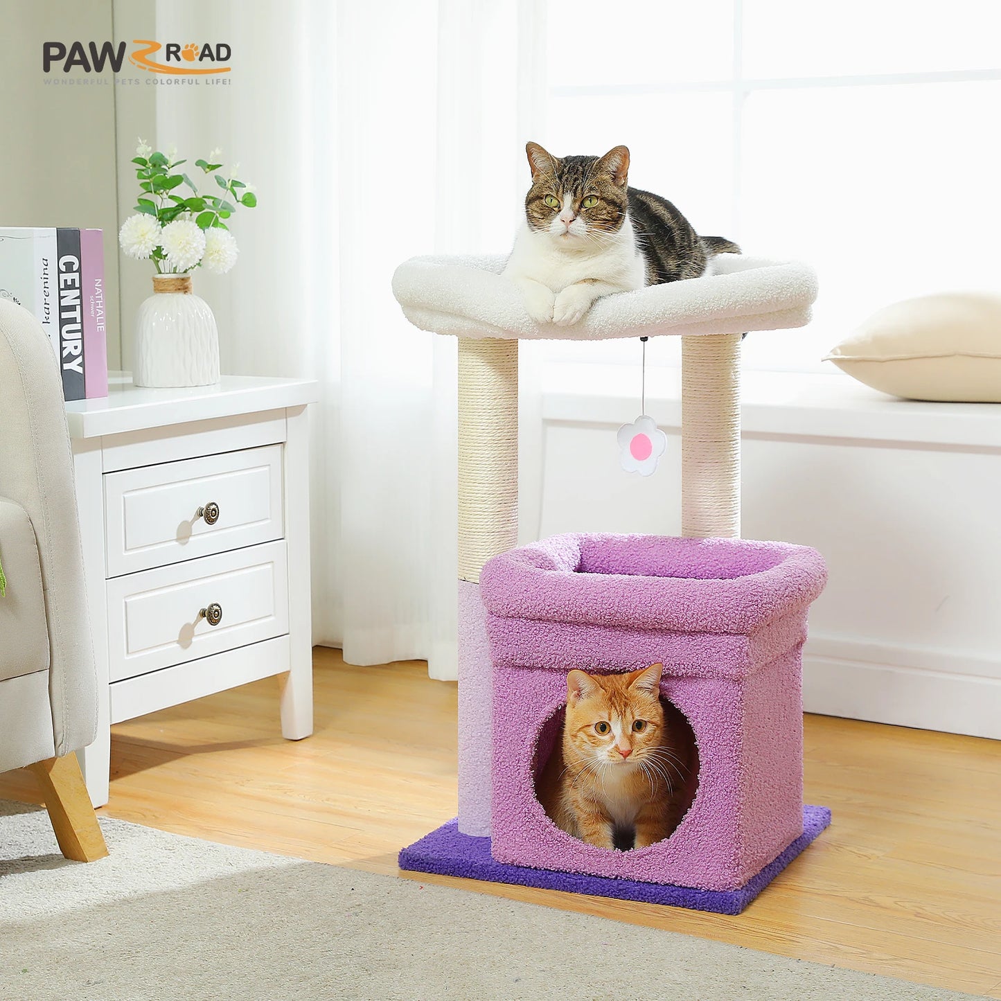 Cat Tree Cat Tower with Cozy Condo Wide Top Perch Natural Sisal Posts Soft Plush Playful Pom Pom Suitable for 1 to 2 Indoor Cats