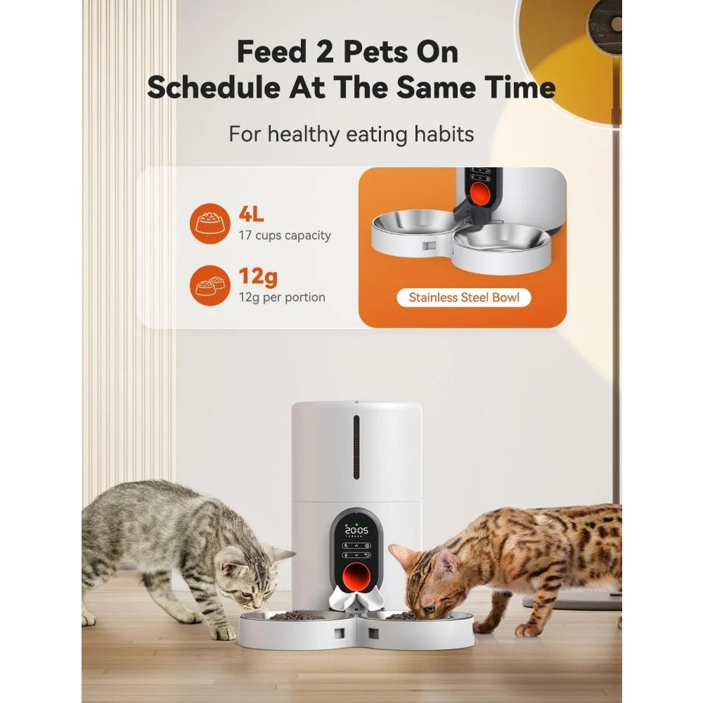 Dual Power Supply Auto Pet Feeder for Cats and Dogs Timed Cat Feeder with Stainless Steel Bowl Programmable 1 to 6 Meals Control