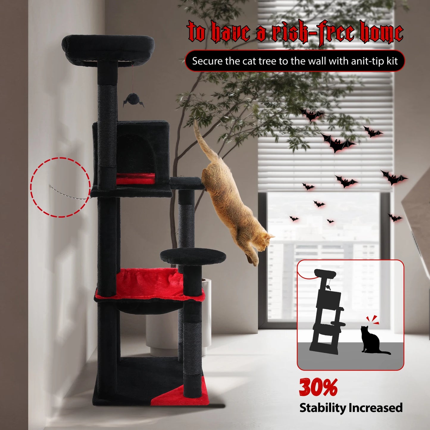 Gothic Cat Tree for Indoor Cats Tall Cat Tower with Large Hammock Sisal Covered Scratching Post Cozy Condo and Top Perch
