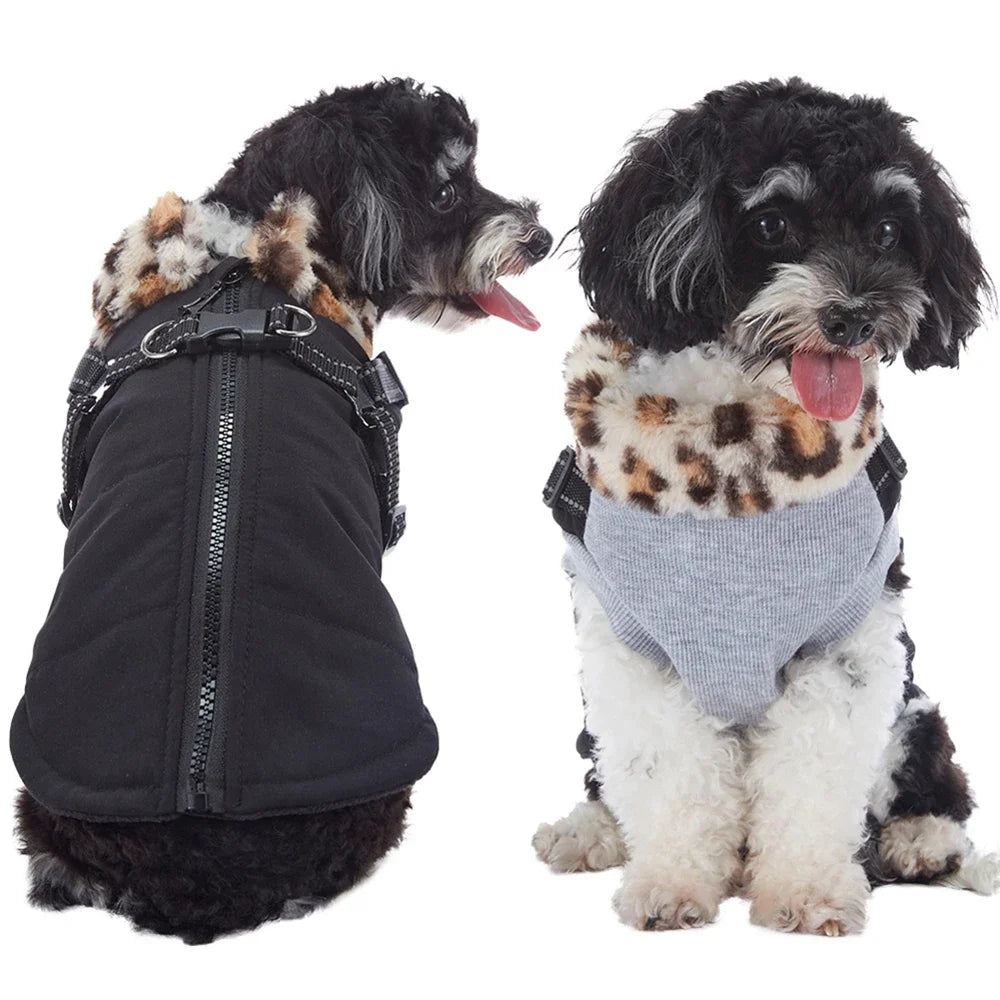 NONECN Winter Warm Dog Coat With Harness Fur Collar Outfit