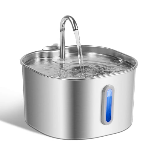2.2L Stainless Steel Cat Water Fountain Ultra Quiet Pet Fountain with Multi Layer Filtration LED Water Level Window Large Capacity