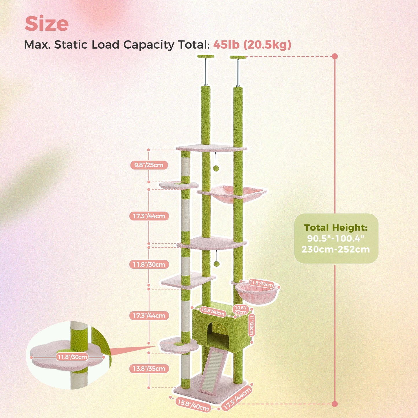 Floor to Ceiling Cat Tree with Sisal Scratching Posts Cozy Condo Hammock Adjustable Height Tall Cat Tower for Indoor Cats