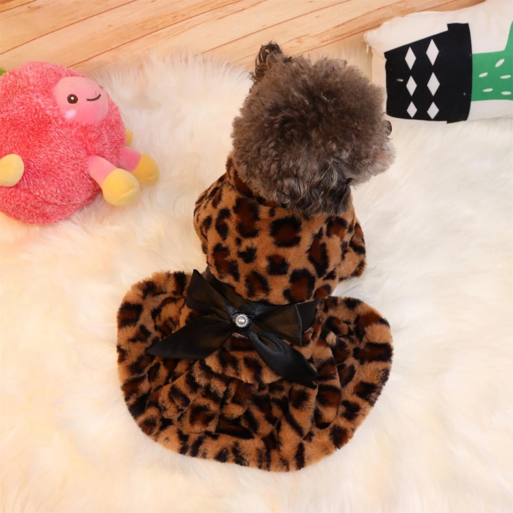 Autumn Winter Leopard Print Plush Dog Coat For Small Dogs With Bowknot