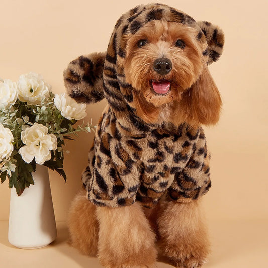 Pet Hoodie For Small And Medium Dogs Leopard Print With Ears Plush Dog Clothes