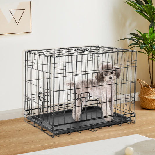 JHK Double Door Folding Metal Dog Cage With Leak Proof Pan