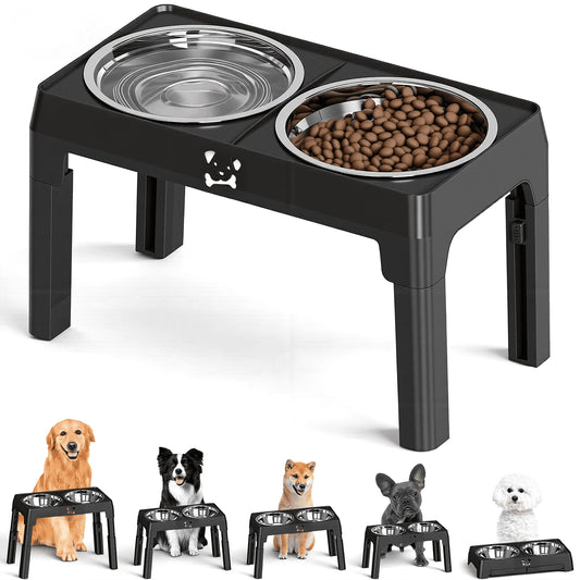 Elevated Dog Bowls With Adjustable Stands And Stainless Steel Bowls