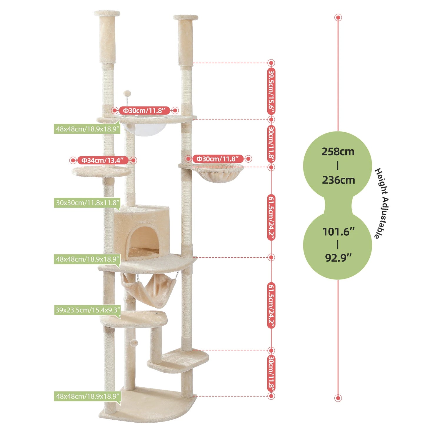 Floor to Ceiling Cat Tree with Sisal Scratching Posts Cozy Condo Hammock Adjustable Height Tall Cat Tower for Indoor Cats