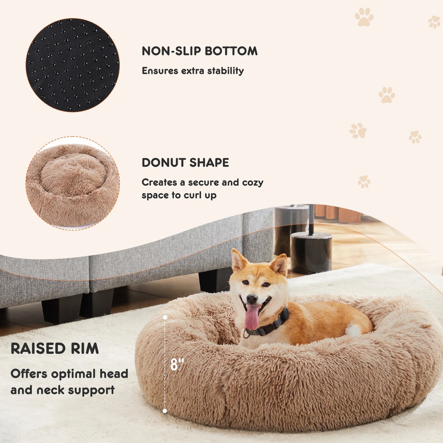 Calming Round Dog Bed For Large Dogs Washable Anti Slip Plush Faux Fur