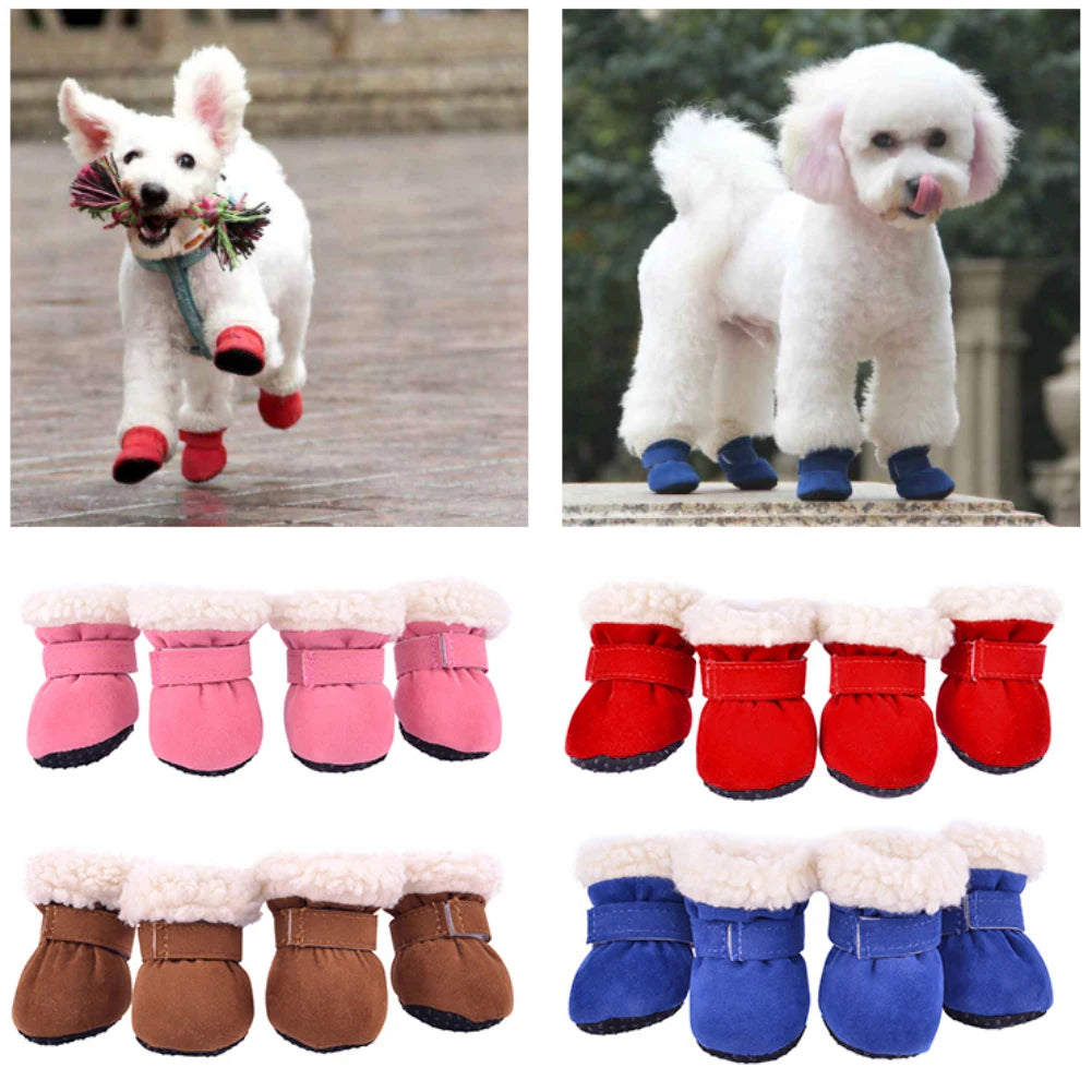 4 Pcs Dog Snow Boots Warm Plush Shoes Non Slip Soles For Small Medium Dogs Cats