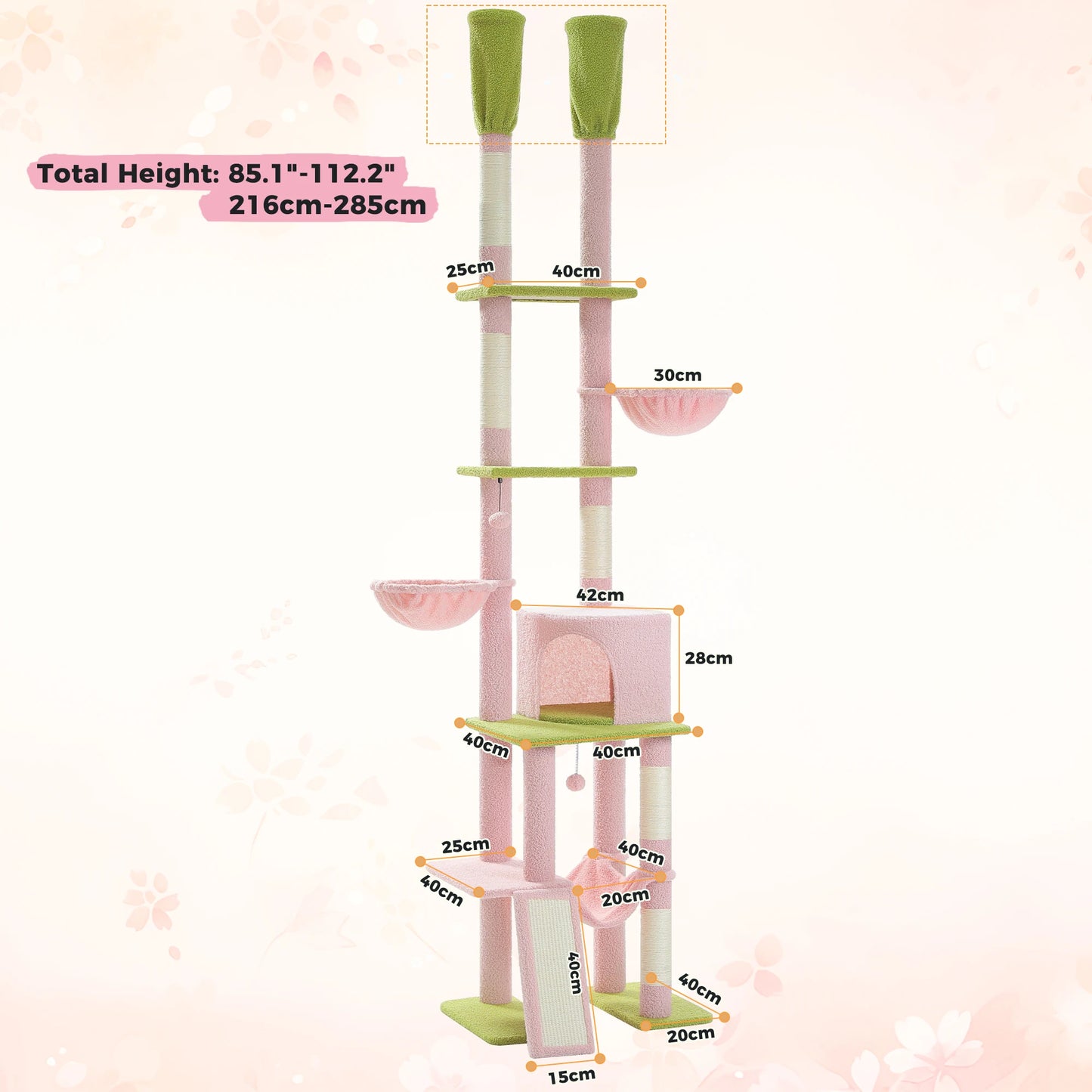 Floor to Ceiling Cat Tree with Sisal Scratching Posts Cozy Condo Hammock Adjustable Height Tall Cat Tower for Indoor Cats