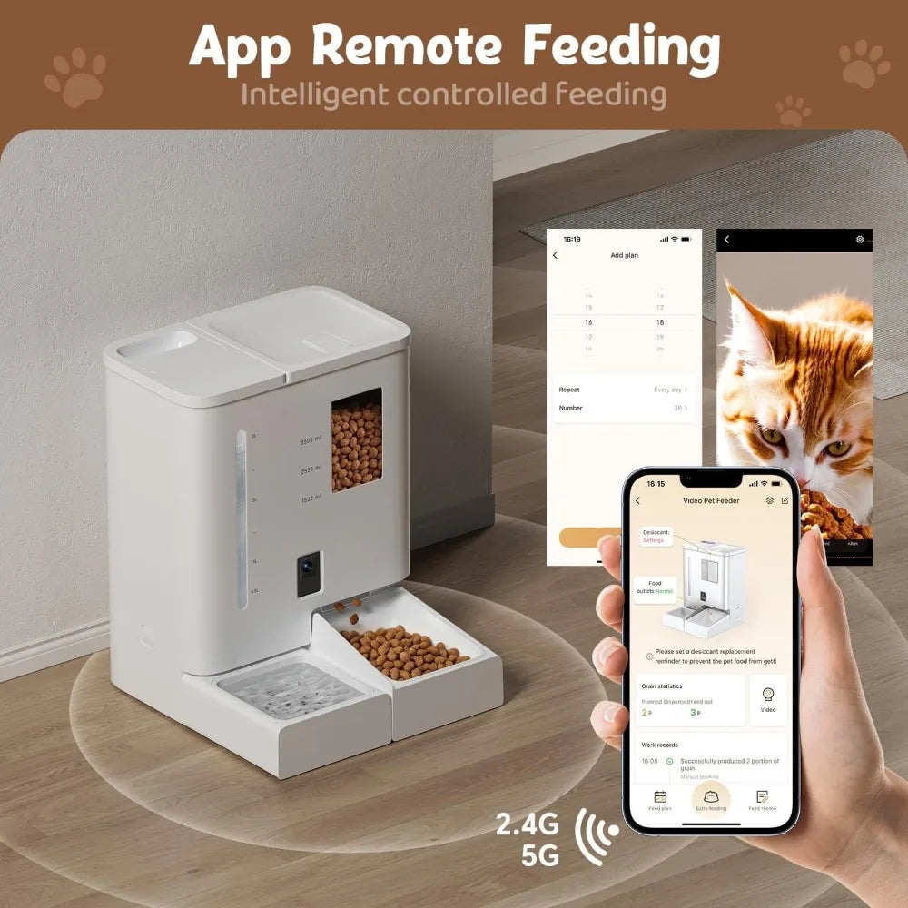 Automatic Cat Feeder with Camera 2K HD Video and Night Vision Low Food and Food Clogging App Tips Water and Grain Capacity Feeder