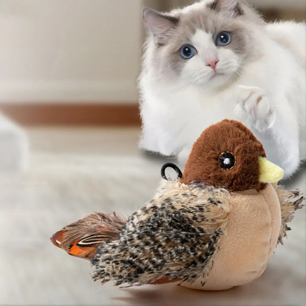 Chirping Flapping Plush Squeaky Bird Cat Toy Interactive Kitten Teaser