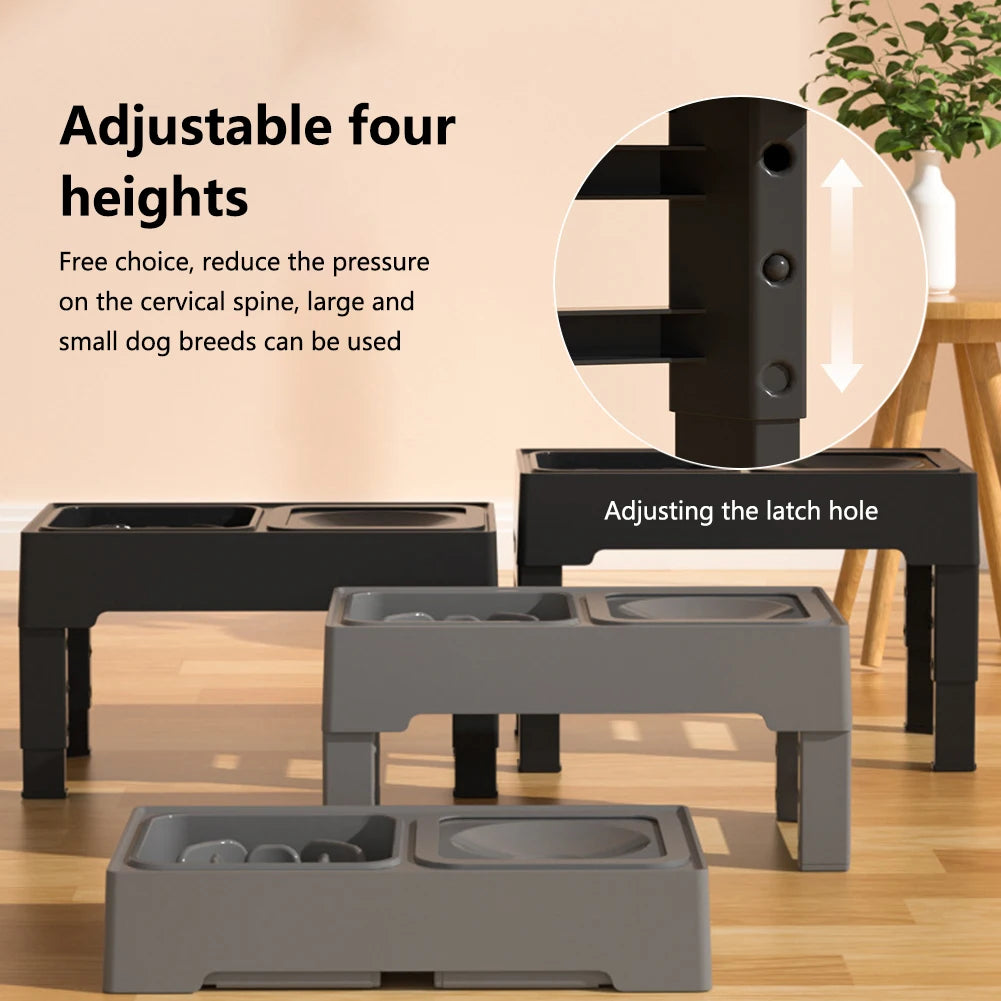 Elevated Dog Food Slow Feeder with Four Adjustable Heights Raised Dog Bowl Stand and Stainless Steel Bowls Anti Slip Dog Water Bowl