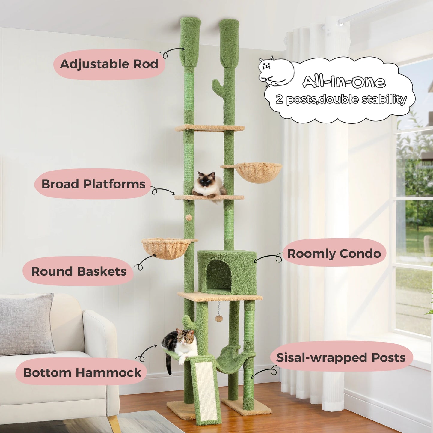 Floor to Ceiling Cat Tree with Sisal Scratching Posts Cozy Condo Hammock Adjustable Height Tall Cat Tower for Indoor Cats