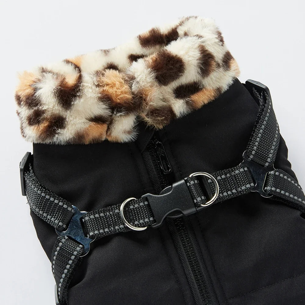 NONECN Winter Warm Dog Coat With Harness Fur Collar Outfit
