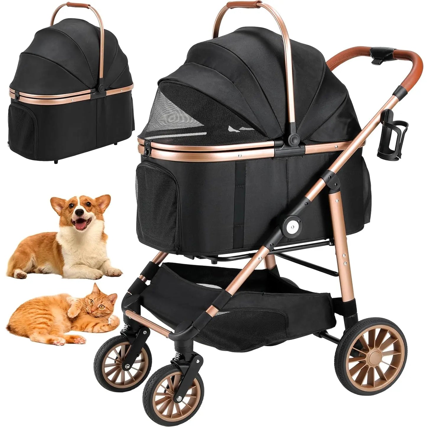 360 Degree High Wheel Foldable Cat Dog Stroller 2in1 Buggy