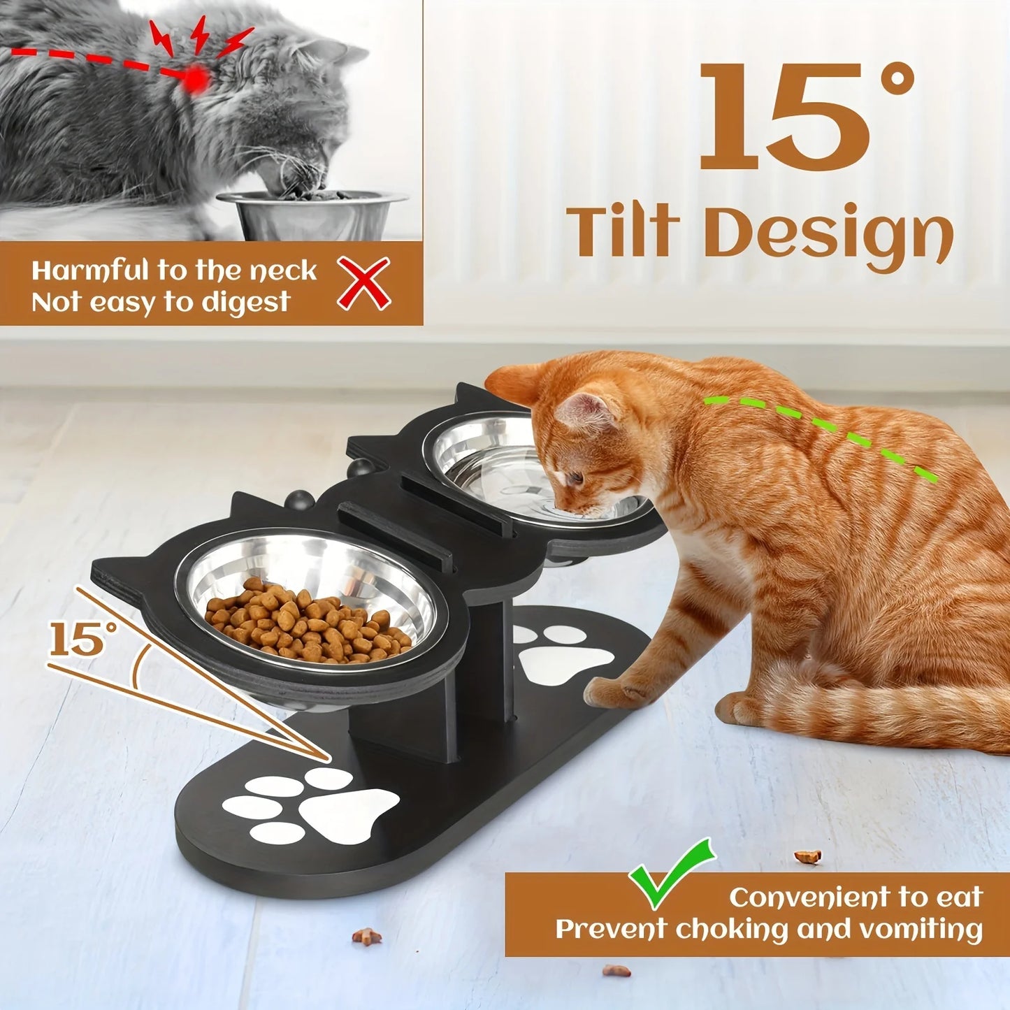 Cat 3 Bowls in 1 Feeder Tilted Raised Food and Water Bowl with Stainless Steel Bowls and Wood Brackets