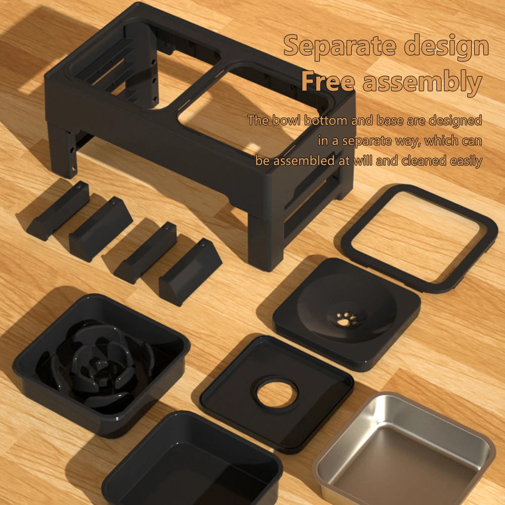 Elevated Dog Food Slow Feeder with Four Adjustable Heights Raised Dog Bowl Stand and Stainless Steel Bowls Anti Slip Dog Water Bowl