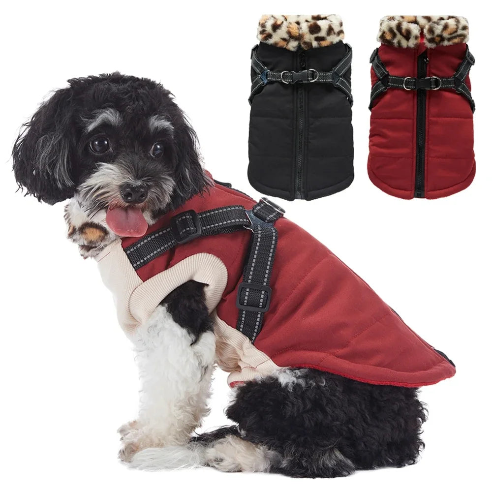 NONECN Winter Warm Dog Coat With Harness Fur Collar Outfit