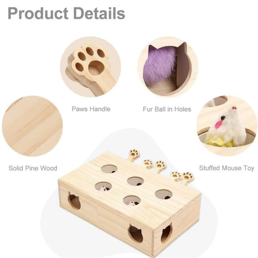 Mewoofun Interactive Whack-a-Mole Cat Toy Solid Wood Indoor Mouse Catching Game