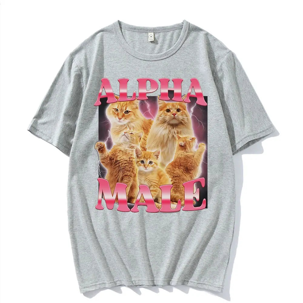 Alpha Male Cat Kitten Funny Meme T Shirts for Men and Women Casual Cotton Short Sleeve Fashion Tops