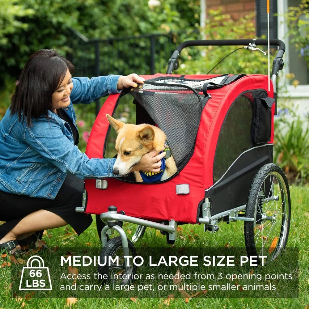 2 in 1 Dog Bike Trailer Pet Stroller Carrier with Hitch Suspension Visibility Flag and Reflectors 66 Pound Weight Capacity