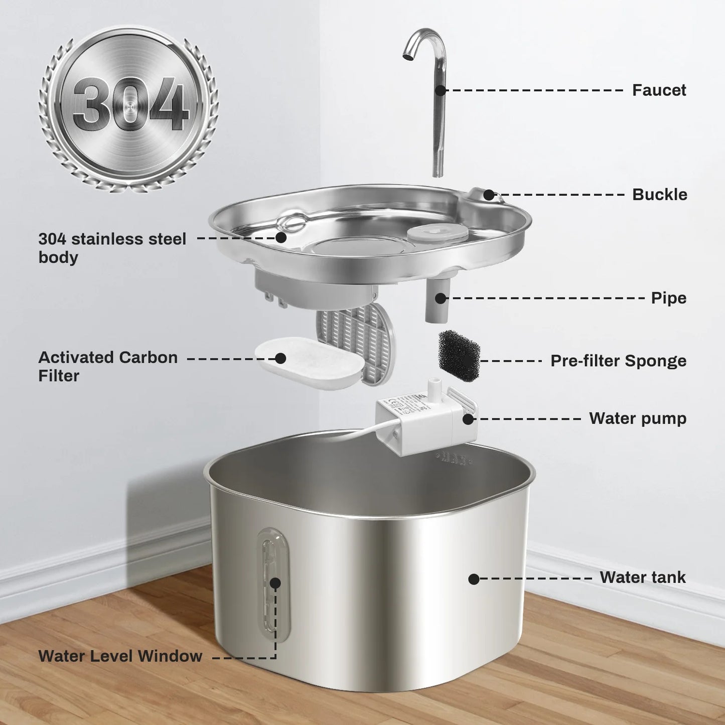2.2L Stainless Steel Cat Water Fountain Ultra Quiet Pet Fountain with Multi Layer Filtration LED Water Level Window Large Capacity