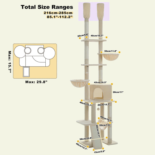 Floor to Ceiling Cat Tree with Sisal Scratching Posts Cozy Condo Hammock Adjustable Height Tall Cat Tower for Indoor Cats