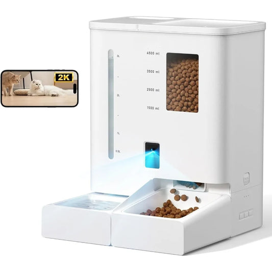 Automatic Cat Feeder with Camera 2K HD Video and Night Vision Low Food and Food Clogging App Tips Water and Grain Capacity Feeder