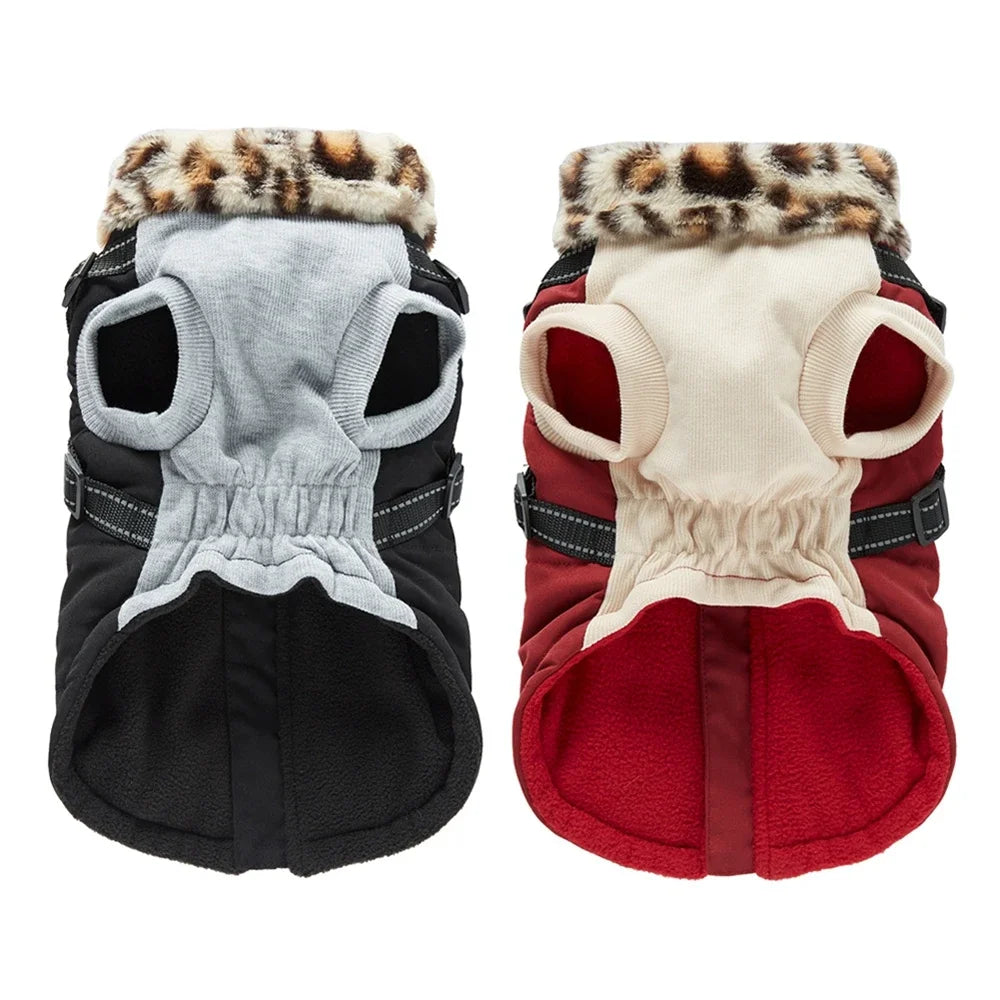 NONECN Winter Warm Dog Coat With Harness Fur Collar Outfit