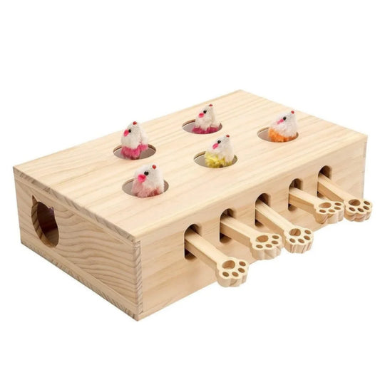 Mewoofun Interactive Whack-a-Mole Cat Toy Solid Wood Indoor Mouse Catching Game