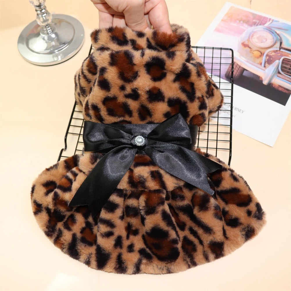 Autumn Winter Leopard Print Plush Dog Coat For Small Dogs With Bowknot