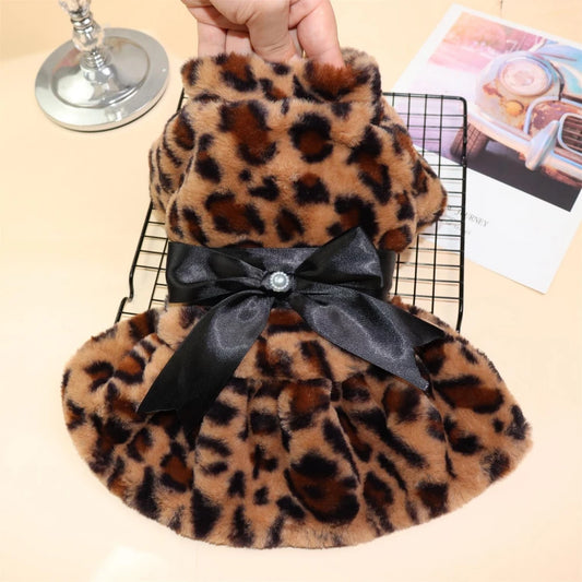 Autumn Winter Leopard Print Plush Dog Coat For Small Dogs With Bowknot